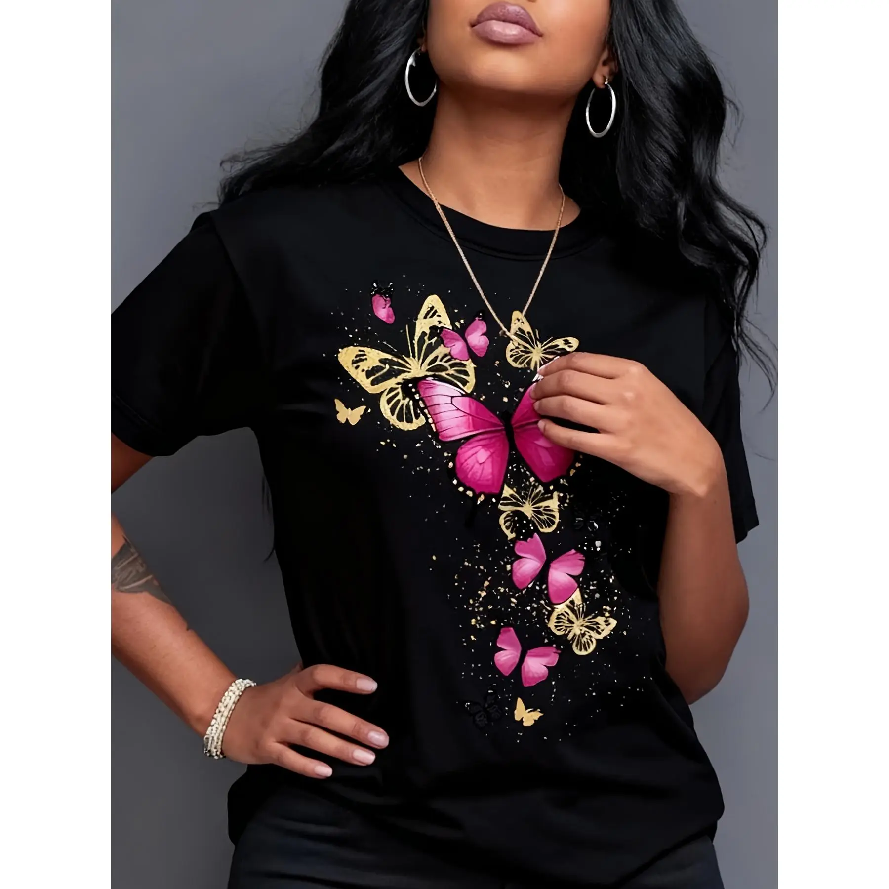 Women's Polyester Short-Sleeve Round Neck T-Shirt - Vibrant Butterflies Graphic, Casual Top for Spring, Summer