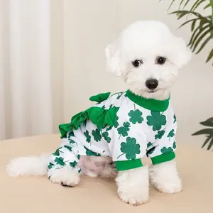 Cute Four-Leaf Clover Print Small Dog Puppy Pajamas, Adorable Pet Clothes for Dogs & Cats, St Patrick's Day Gift, Fabric Material, Outfits
