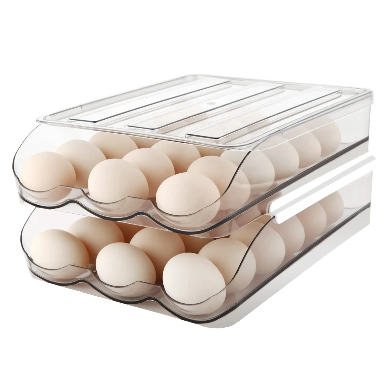 Egg Holder , Automatically Rolling Egg Storage Container for Refrigerator,Large Capacity Organizer for Fridge with Lid,Clear Plastic Egg Dispenser, Tray & Bin -2 Layer egg storage shoes store