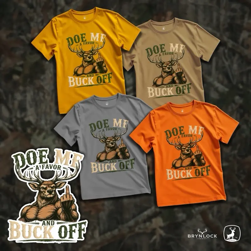 Funny Deer Hunting T-Shirt – “Doe Me a Favor and Buck Off” Muscular Buck Graphic Tee, Men’s Hunter Gift, Outdoorsman Shirt, Deer Camp Apparel, Hunting Season, Birthday, Father’s Day, Christmas Gift, Funny Hunting Shirt, Deer Hunter Clothing by Brynlock