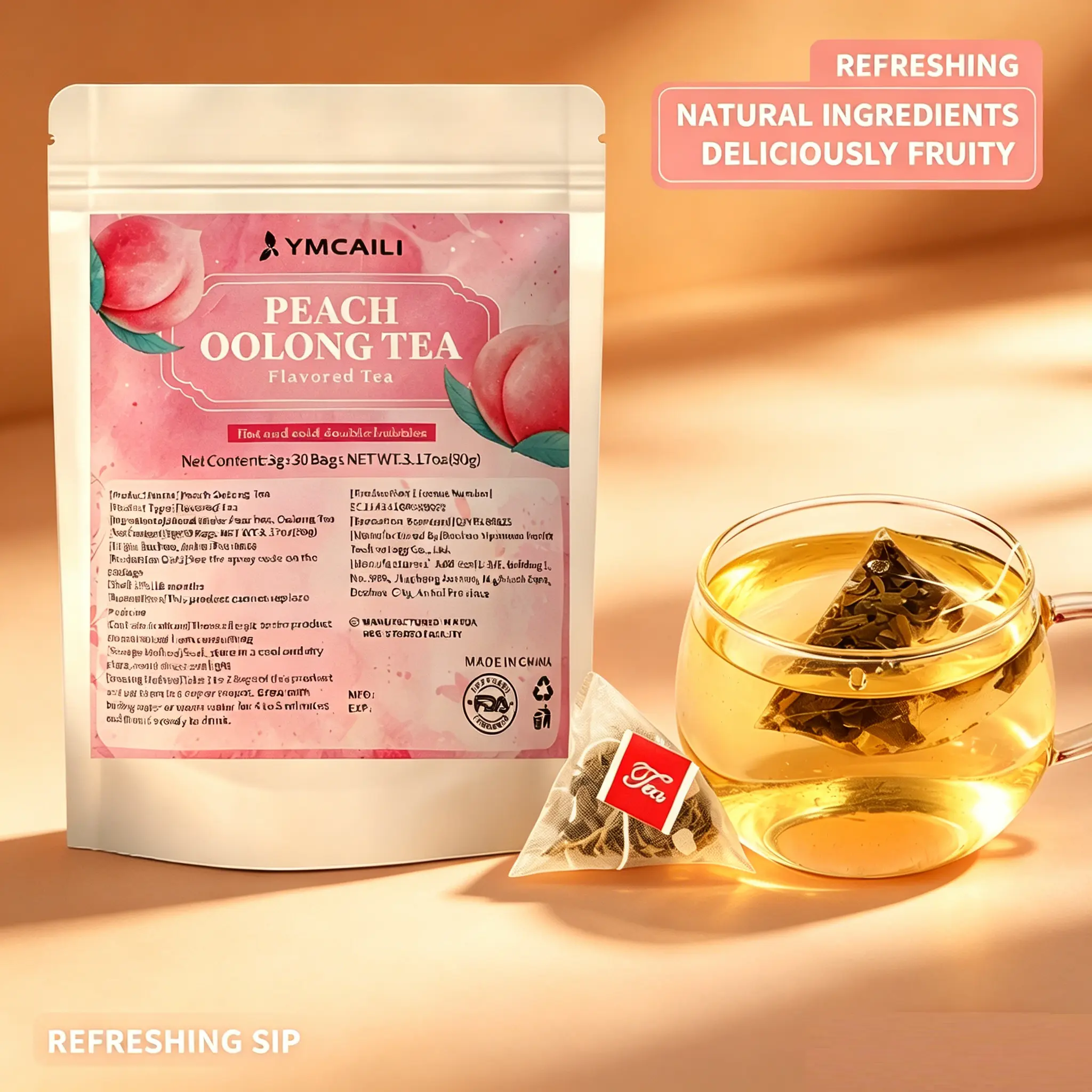 Morning Boost White Peach Oolong Tea, 30 Individually Wrapped Bags.Natural Caffeine from Premium Oolong with Real White Peach Slices.Provides Gentle Energy for Focus Without the Jitters or Afternoon Crash.A Refreshing Way to Start Your Day.