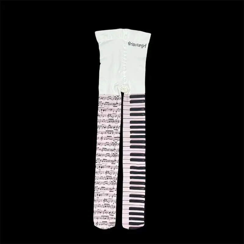 Female Piano Key & Music Note Printed Sheer Pantyhose, Black and White Fashion Legwear, Free Size