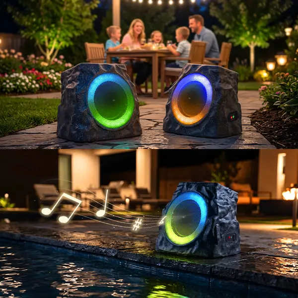 2-Pack Colorful Wireless Solar Rock Speakers, Portable Bluetooth Audio with RGB LED Light, USB Port, IP44 Water-Resistant Outdoor Stereo, Rechargeable for Patio Garden Poolside Party Tailgate Speaker