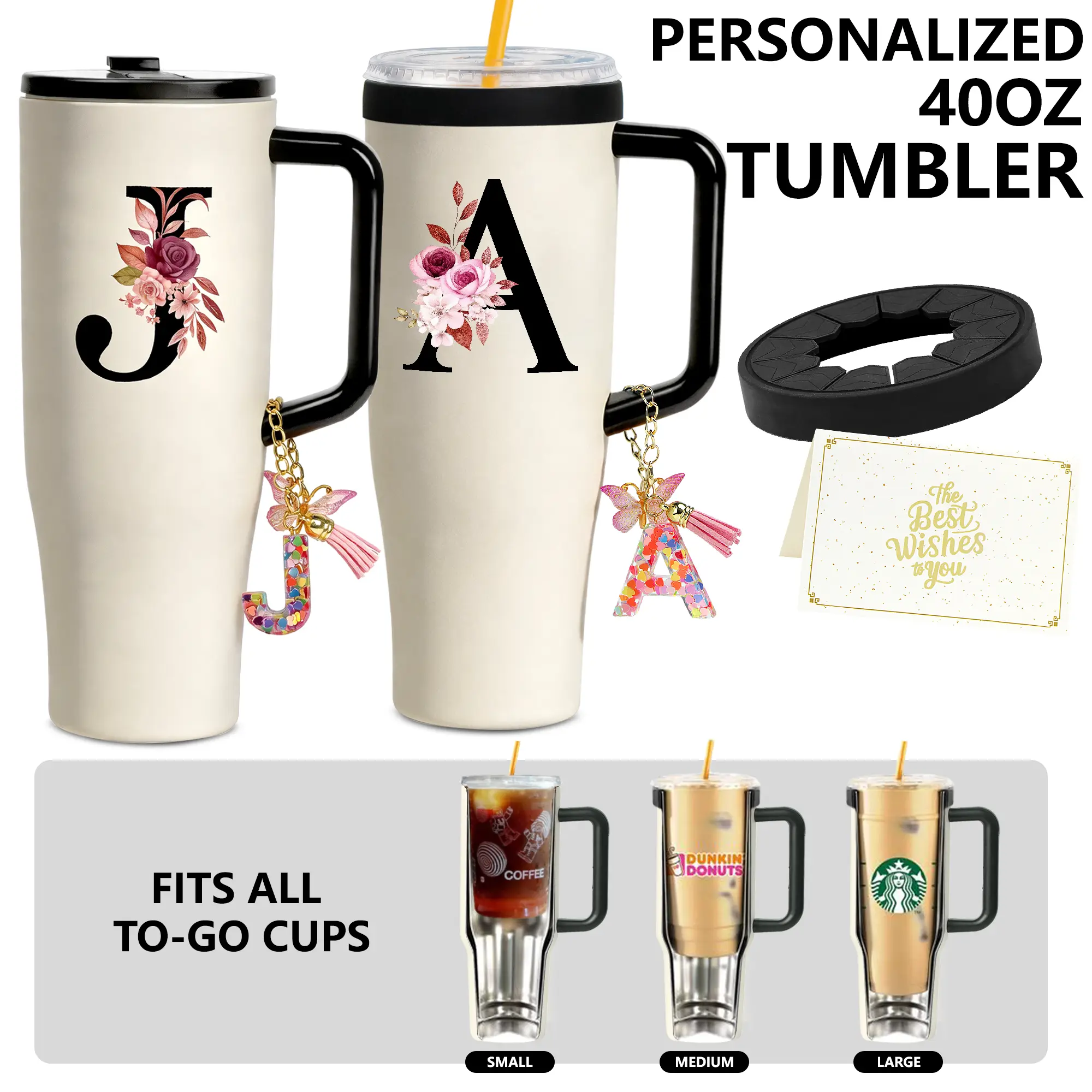 ZIOSINM Personalized Monogram 40oz Tumbler with Handle, Detachable Universal Silicone Tumbler Ring , Leak-Proof Insulated Mug with Keychain Card, 12H Ice Cold
