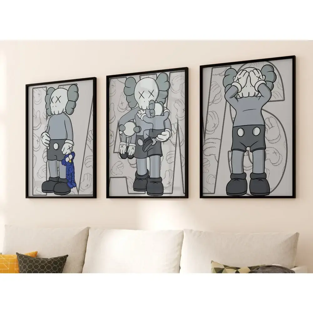 Set Of 3 Grey Kaws 16x24in Framed Wall Art Canvas Home Decor Portrait Gallery