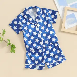 Kids Girls Boys Pajamas Outfits Star/Flower Print Short Sleeve Shirts Elastic Waist Shorts Summer 4th of July Sleepwear Suit