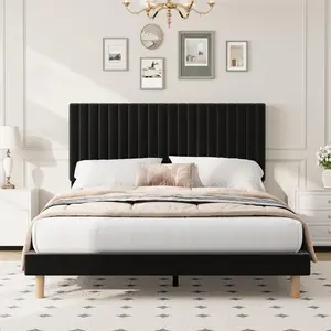 Full/Queen Upholstered Platform Bed Frame with Vertical Channel Tufted Adjustable Headboard, Strong Wooden Slats, No Box Spring, Easy Assembly