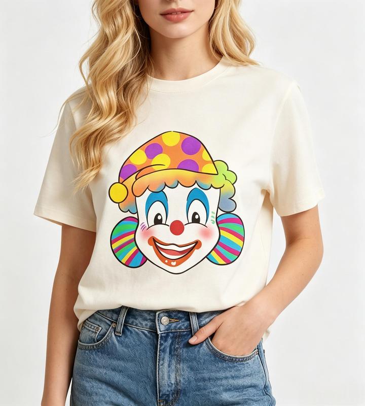 Women's Fitted Cut Crew Neck Graphic T-Shirt - Comfortable Breathable Short Sleeve, Clown Print Rainbow Ears Design, Beige Polka Dots Carnival Style with Hat #sohochic