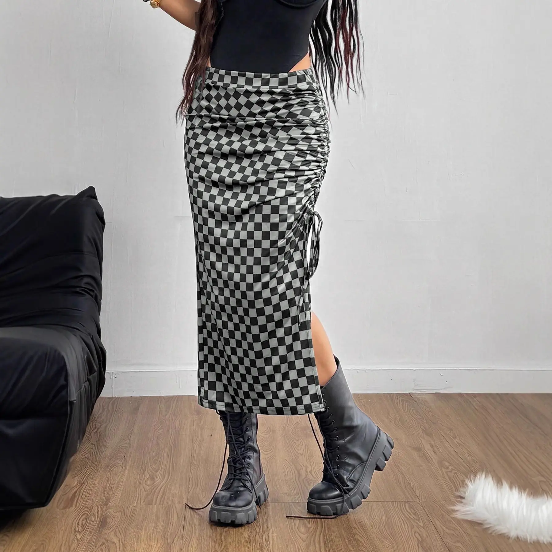 women's plaid side-slit slim-fit long skirt with contrasting colors flannel skirt