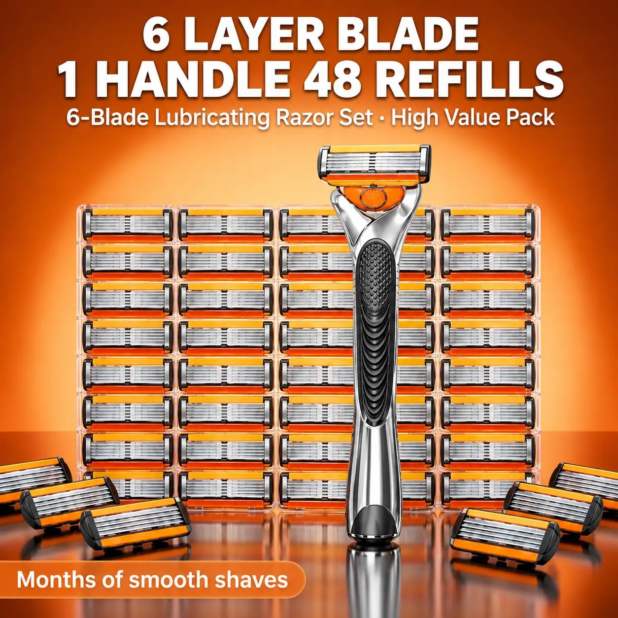 Men's Safety Razor with 6 Layer Blades, 1 Handle & 24/48 Refills Replacement Razor Blades, Manual Shaving Razor for Thick Beard Grooming, Comfortable Daily Face Shaver Kit Gift for Men