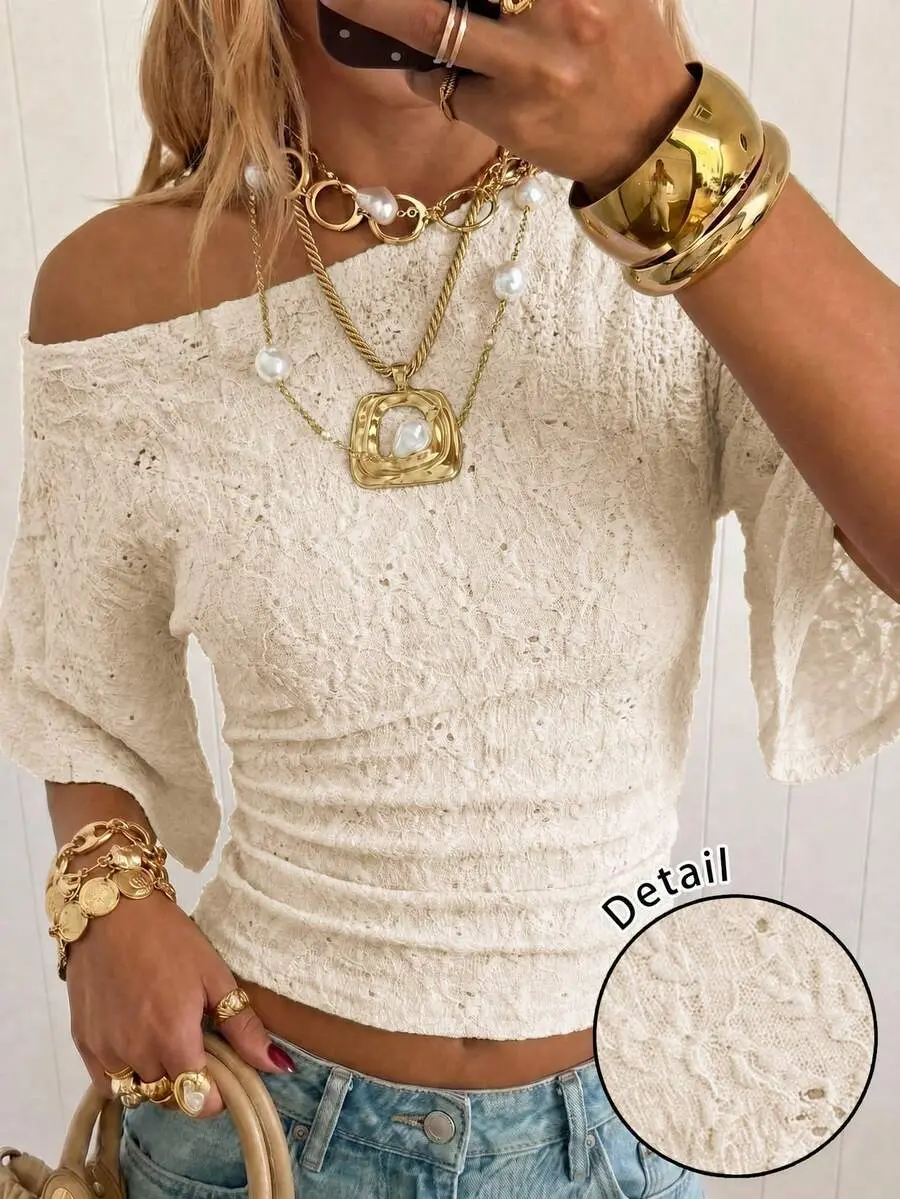 Women's Dopamine Apricot Textured Knit Batwing Sleeve Cropped T-Shirt, Elegant Beige Summer Date Top,Casual Y2K Fashion For Party,Vacation,Commute