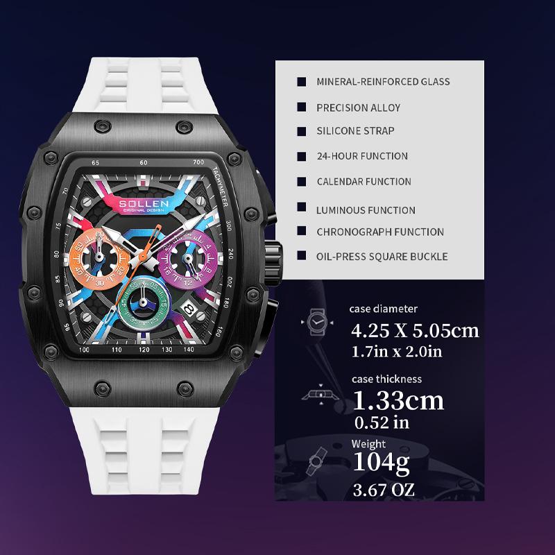 SOLLEN 728 Men's Rainbow Luxury Cool Watch Multi-functional Chronograph Waterproof Night Light Function Valentine's Day Gift