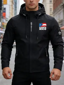 Men's Casual Fashion Hooded Jacket, Puerto Rico Print Thin Windbreaker, Functional Outerwear, Spring & Fall Style