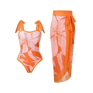 Women's Tropical Floral Printed Bathing Suit - Tie-Front 1-Piece & 2-Piece Swimwear Set, UPF 50+ Sun Protection for Vacation, Beach