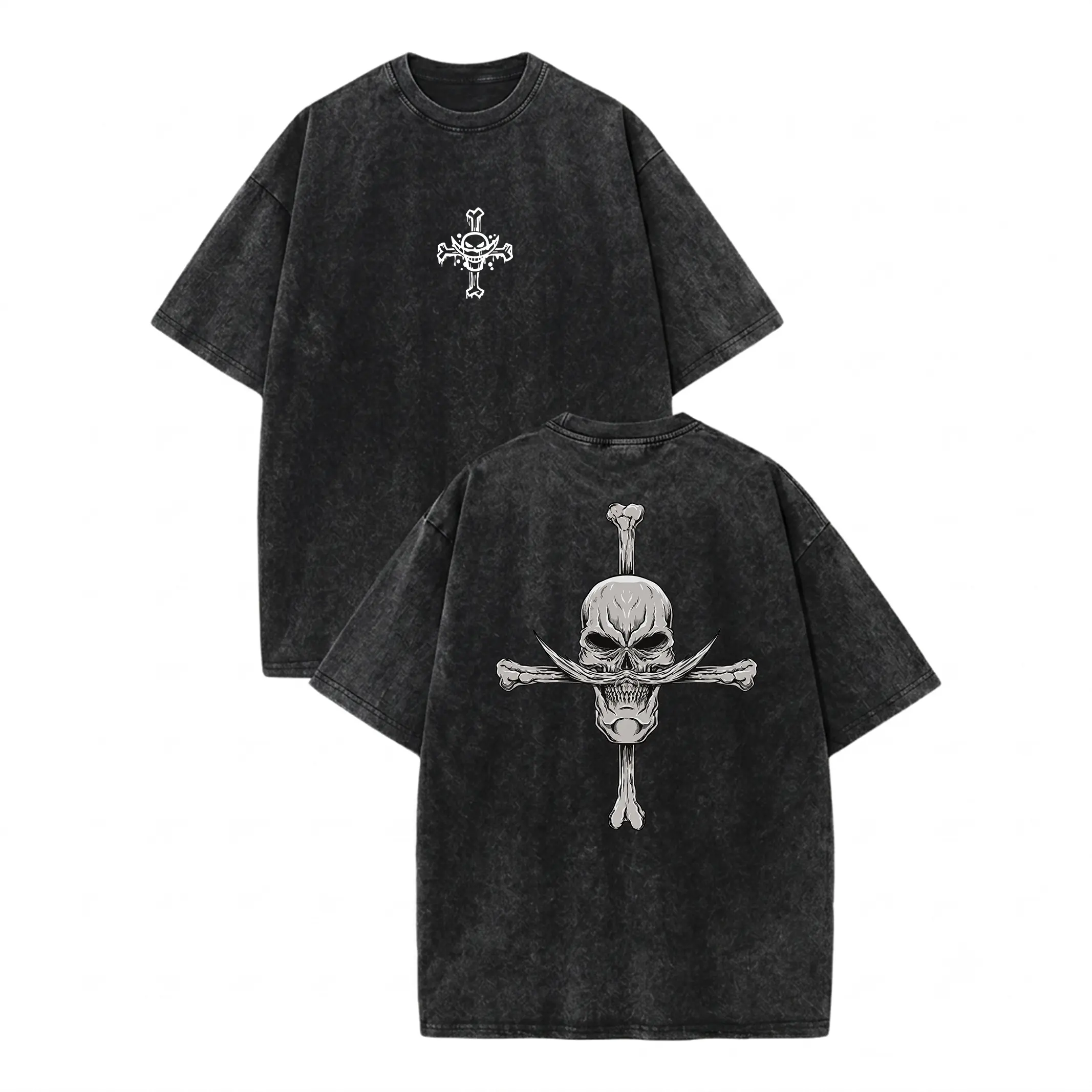 Anime Whitebeard Skull Shirt Vintage Acid Washed Oversized T-Shirt Retro Manga Jolly Roger Graphic Tee Heavyweight Streetwear Tshirt Unisex