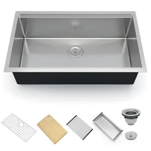 【Christmas Gift】Silver Kitchen Sink, 30 Inch Brushed Nickel Undermount Kitchen Bar Sink with Single-tier Track, Stainless Steel 16 Guage Single Bowl Kitchen Sinks, Family and Bar Sink with Full Accessories