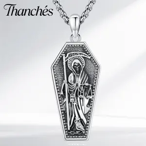 Thanches Santa Muerte Nekclace S925 Sterling Siver Gothic Holy Death Pendant Religious Protection Amulet Accessory Jewelry for Women Men