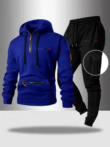 Men's Hooded Sweatshirt Set, Half-Zip Design, Multiple Pockets, Casual Streetwear, Warm Fleece Lining, Available in Various Colors