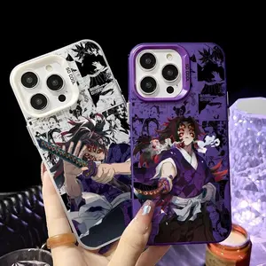 Demon Slayer Kokushibo Protective Phone Case for iPhone 17,16,15,14,13,12,11 Pro Max Plus Air - TPU, Shockproof, Anti-Drop, Black Matte, Multicolor Laser, Metallic Aurora Cover, Mobile Phone Accessories