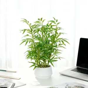 Artificial Bamboo Tree, 1.5ft Tall Faux Bamboo Plant with White Planter, Fake Trees with 8 Trunks and Lifelike Leaves for Indoor Outdoor Home Office Décor