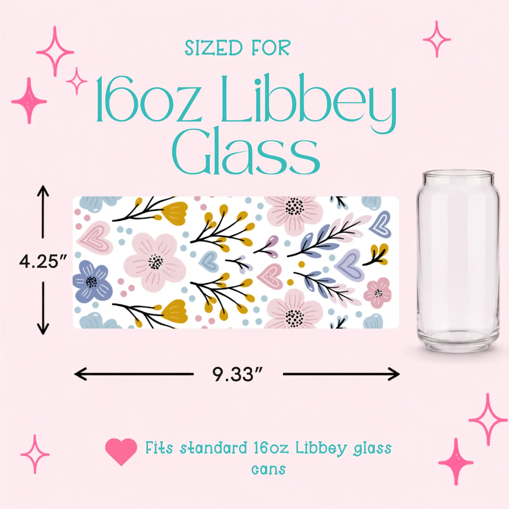FLORAL UV DTF Cup Wraps | 4-Pack 16oz Libbey Glass | Peel & Stick Waterproof | No Heat Needed