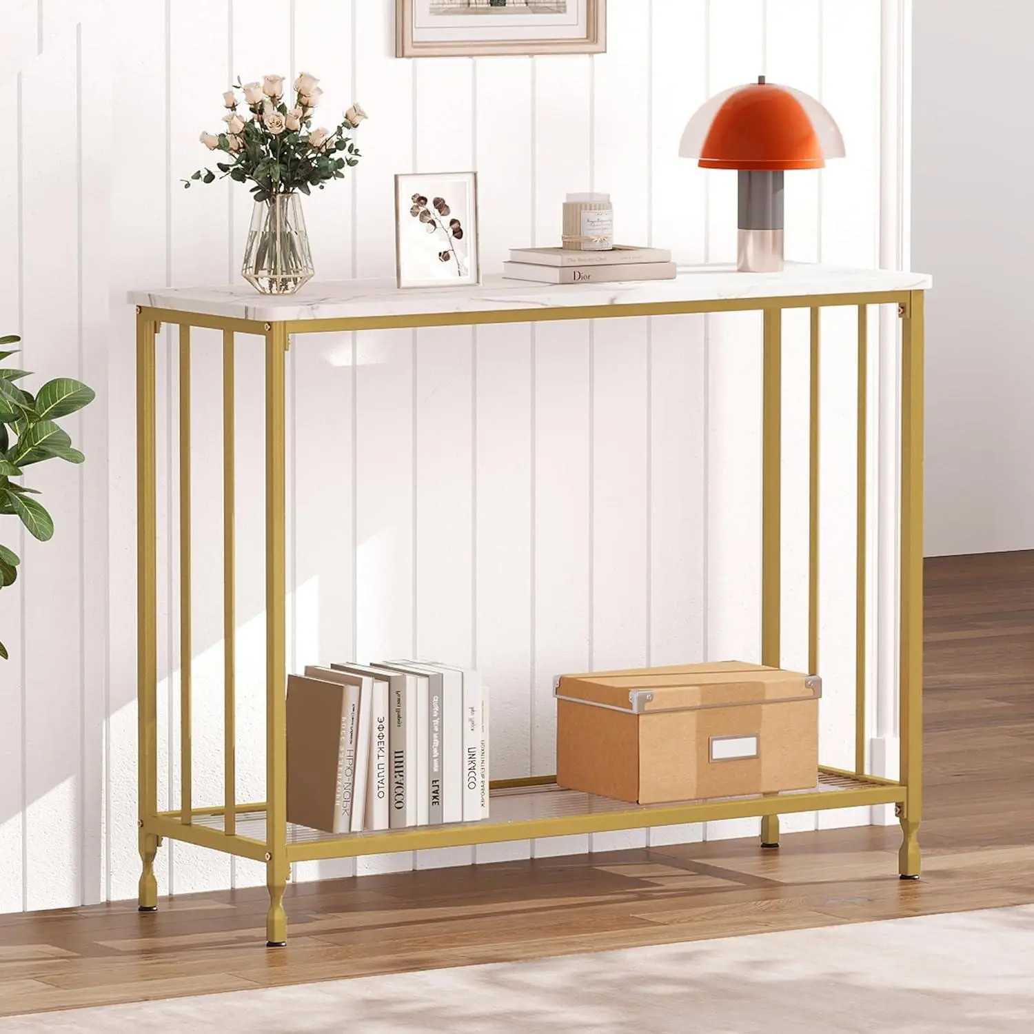 33.5" Console Table, 2 Tier Sofa Tables Narrow Entryway Table with Glass Shelf