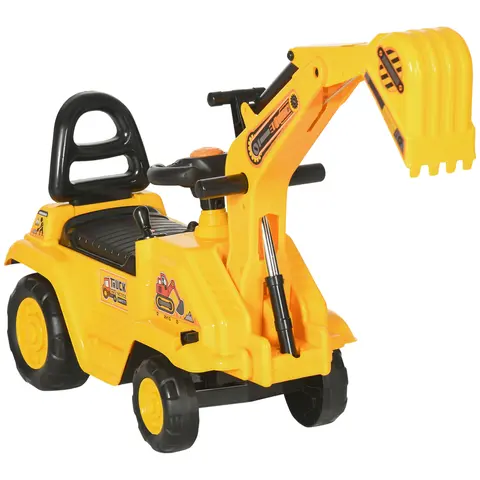 HOMCOM 2-in-1 Plastic Kids Ride On Excavator Pull Cart - ASTM F963-17 Certified, 3-4 Years (18M+), 66 lbs Capacity, Horn, Under Seat Storage, Wheels, Sit & Scoot Pretend Play Ride On Backhoe for Beach, Living Room