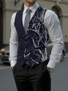 Men's Vest with Shiny Sequins and Plant Pattern, Fitted, Perfect for Performances and Evening Parties, Fashion Formal Wear