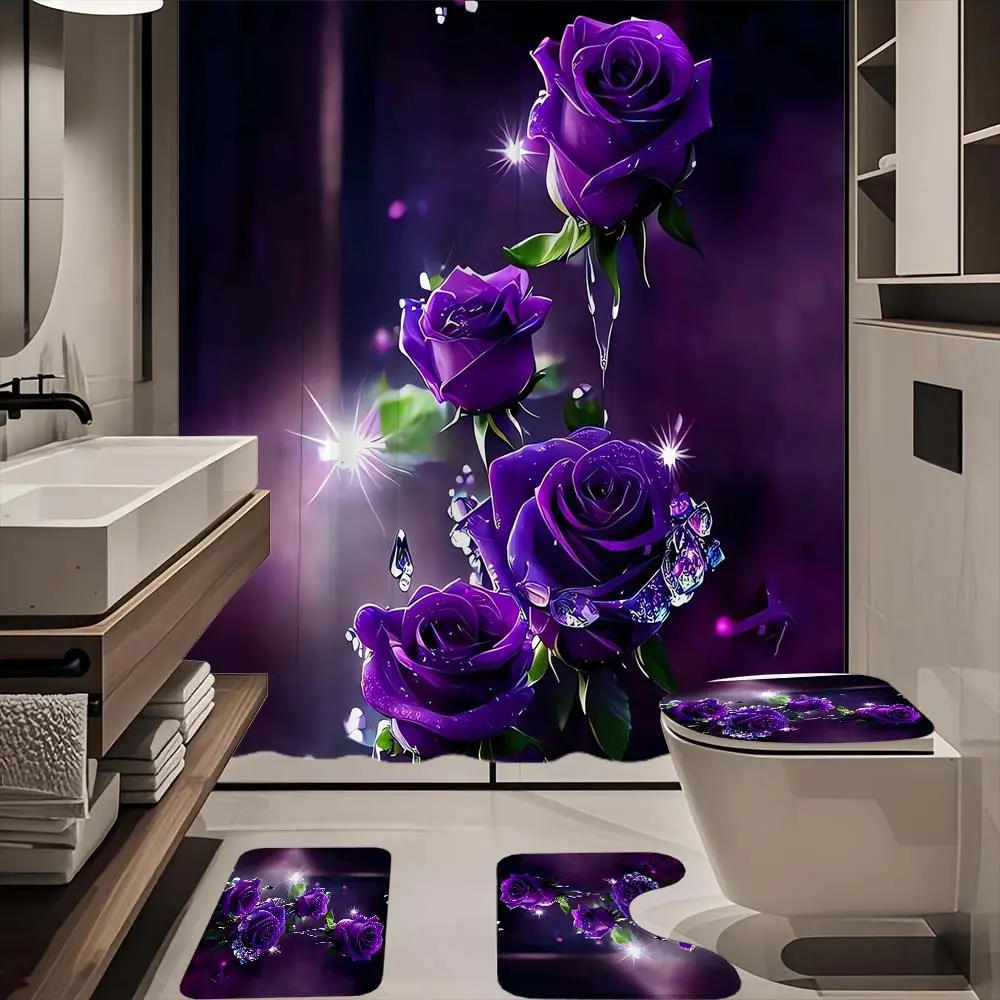 4pc Noble Purple Rose Pattern Bathroom Set, The 4-piece set includes a single shower curtain, anti slip floor mat, toilet U-shaped mat, toilet lid mat, with shower curtain hook, and belongs to bathroom decoration products