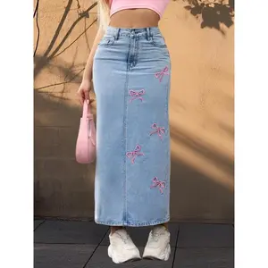 y2k Jeans Skirts Women Bow Embroidery Split Denim Long Skirt for Club Streetwear