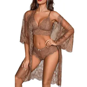 Avidlove Women's Alluring 3-Piece Lingerie Collection Brassiere and Brief Set featuring Lace Wrap Robe Sleepwear Sheer Night Dress Perfect for Special Occasions and Regular Wear