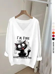 Women's Casual V-Neck Long Sleeve Sweatshirt, Feminine Graphic Print, Ribbed Hem, French Elegance, Single Wear or Layered, All Seasons Womenswear Tops