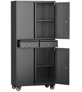Metal Storage Cabinet with Wheels,Storage Cabinet with 2 Drawers and 2 Adjustable Shelves, Metal Lockers with Pegboards for Homes, Offices, Kitchens, Schools and Pantries,Black