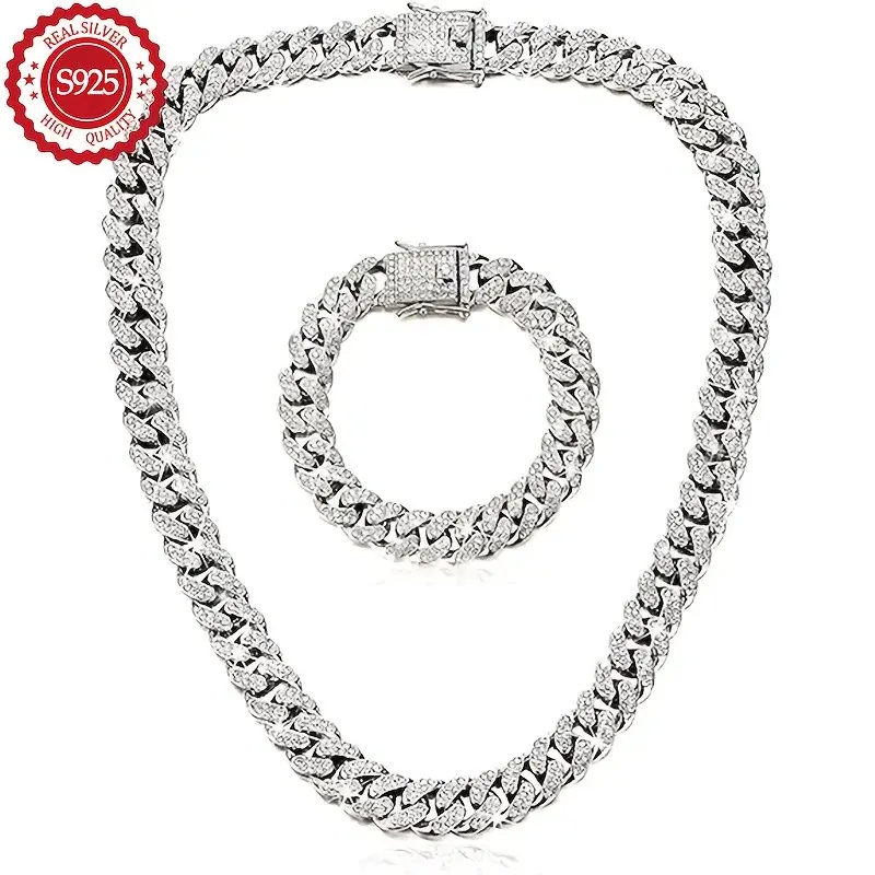 2pcs 925 Sterling Silver Silver Cuba Necklace and Bracelet, Exquisite Holiday Gifts Suitable for Women.Total Weight of the Product (11.89g)