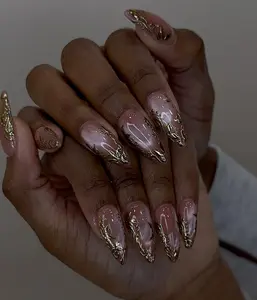Golden Elegance Press On Nails | Metallic Gold Royal Tips | Classy Nude Almond Nails | Luxury Elegant Nail Art