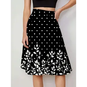 Print Polka Dot Floral Print A-Line Midi Skirt with Elastic Waist, Woven Polyester - Machine Washable, Floral Print, Knee-Length