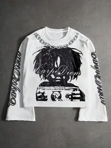 Men's Trendy Carpe Diem Graphic Print Long Sleeve Shirt, Main Color with Decadent Details, Short Loose Fit, Vintage Street Style, Streetwear