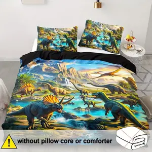 3-piece Dinosaur World bedding set, machine washable polyester, bed decoration, bedroom and guest room, birthday gift, including 1 duvet cover and 2 pillowcases (unfilled), preferred for boys' bedrooms, Quilt Cover Set