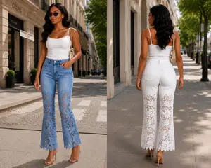 Women’s Stretch Floral Lace Patchwork High Waist Jeans