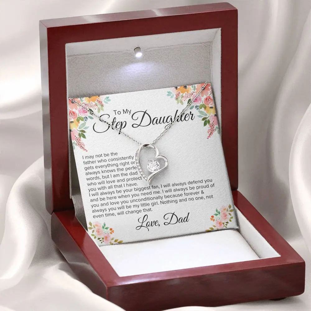 To My Step Daughter, Love Heart Necklace Message Card Necklace, Birthday Gift For Daughter, Gift From Dad