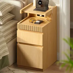 Sikaic Curved Narrow Nightstand with  2 Drawers and Charging Station, Modern Bedside Table with 4-Zone Storage, Hidden Drawer Shelf, for Small Bedrooms, Living Room, Home Office, Natural