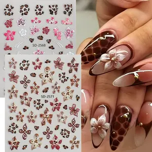 2 Pcs Embossed Lily Leopard Print 5D Nail Stickers, Brown & Pink Lily French Leopard Design Adhesive Nail Decals, DIY Nail Art Decorations, Flower Design Nails, Nail Art Supplies