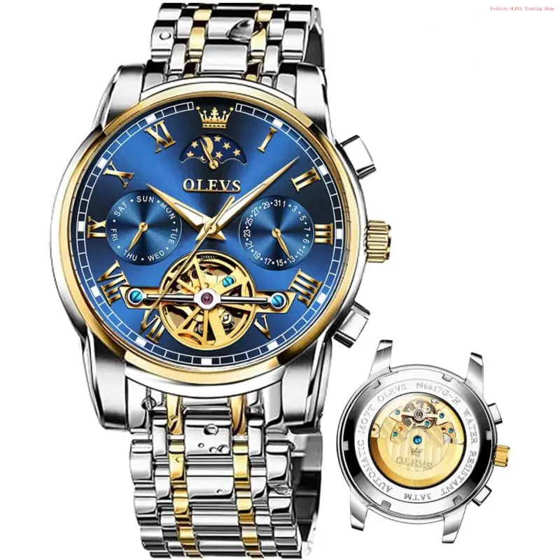 Fashion Brand OLEVS Automatic Mechanical Watches for Men Self Winding Waterproof Stainless Steel Men's Wrist Watches Luxury Expensive Watch,Adjustable Bracelet (Gift Tool)