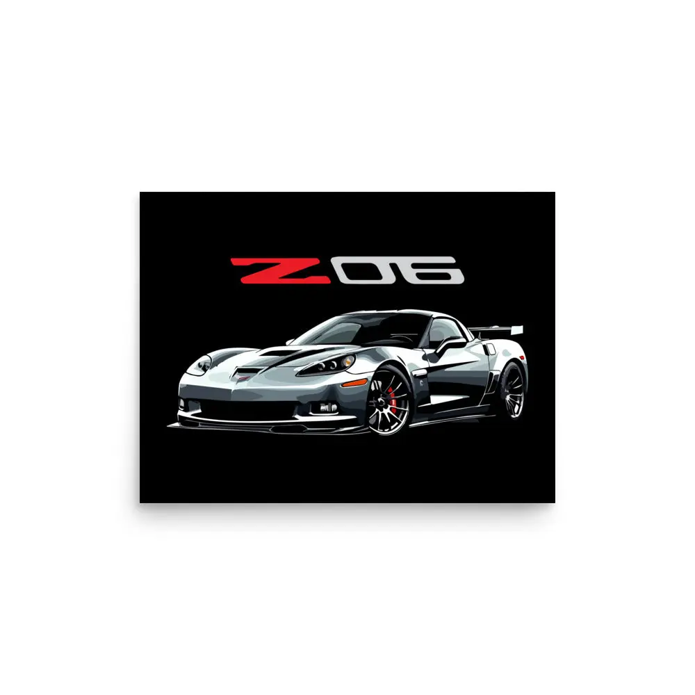 Silver C6 Corvette Z06 Wall Art Poster for Vette Drivers Man Cave Office Garage