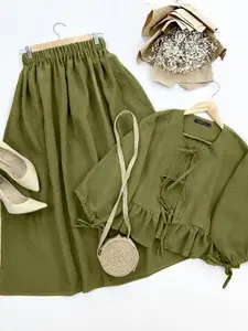 Women's Solid Tie Front Top & Skirt Set, Casual Fashion Cozy Two-piece Set for Daily Outdoor Wear, Ladies Clothes for All Seasons, Ruched Skirt Set, Co Ord Set, Fall outfit