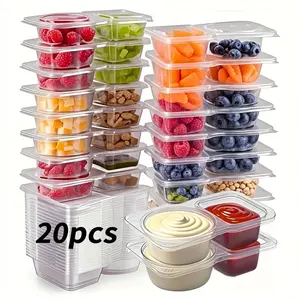 20pcs Reusable Snack Containers with Lids, Sealed Double-Compartment Snack Containers - 2-Compartment Seasoning Containers for Dips, Ketchup, Salad Dressing, Fruit Salad, Ideal for Portion Control And Meal Prep, Travel, And Takeout