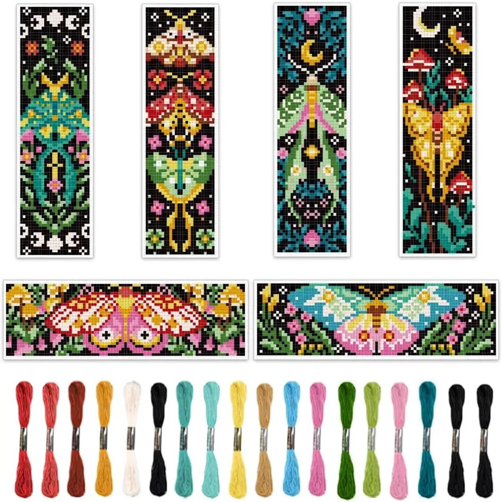 Romantic Cross Stitch Bookmark DIY Art Set, 6 Counts/set Moth Embroidery Bookmark Set with Random Color Tools, Embroidery Thread, Embroidery Design, DIY Cross Stitch Kit for Beginners, Handcraft, Embroidery Craft, Handicraft