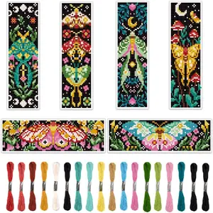 Romantic Cross Stitch Bookmark DIY Art Set, 6 Counts/set Moth Embroidery Bookmark Set with Random Color Tools, Embroidery Thread, DIY Cross Stitch Kit for Beginners