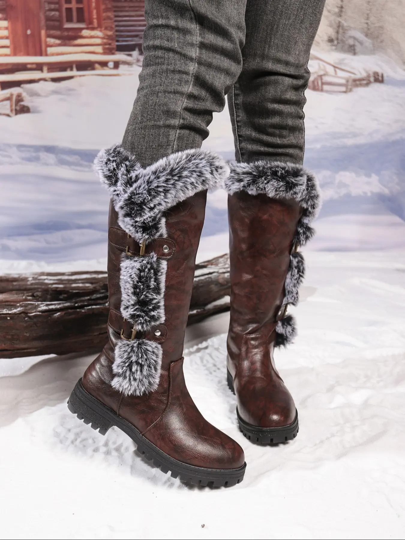 Women's Fleece Lined Snow Boots, Waterproof Buckle Design, Mid-Calf Height, Outdoor Winter Activities, Deep Pattern Rubber Sole, Fluffy Snow Boots