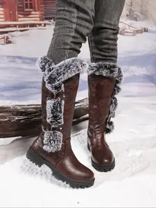 Women's Fleece Lined Snow Boots, Waterproof Buckle Design, Mid-Calf Height, Outdoor Winter Activities, Deep Pattern Rubber Sole, Fluffy Snow Boots